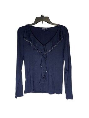 Jones New York Ruffle Top M Navy Blue Rhinestone V-Neck Long Sleeve Blouse